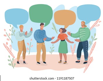 Vector cartoon illustration of group of people and colorful speech bubbles behind them. Team, brainstorm, conversation, coworkers, students, friends, gestures, talk each others.
