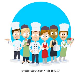 Vector cartoon illustration of group of smiling chefs on blue circle background