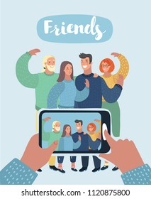 Vector cartoon illustration of Group of three friends taking a photo and laughing. Friendship and youth concept.
