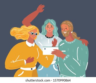 Vector cartoon illustration of Group of three happy friends. Get together and take photo. Coworkers, team or relatives on dark background.