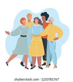 Vector cartoon illustration of group of women friends relatives, coworkers or like-minded . Different type of female character get together. Modern concept on white background.