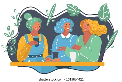 Vector cartoon illustration of group of women friends having fun.