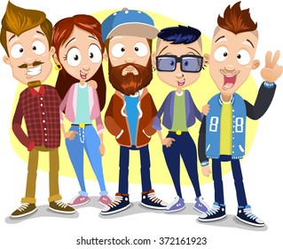 Vector cartoon illustration of group of young friends staying on the yellow background. Characters wearing sportswear, enjoying hipster lifestyle, having great hairstyles.