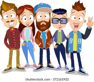 Vector cartoon illustration of group of young friends staying on the white background. Characters wearing sportswear, enjoying hipster lifestyle, having great hairstyles.