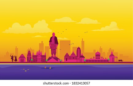 Vector cartoon illustration of the Gujarat skyline. Isolated on a colored background.