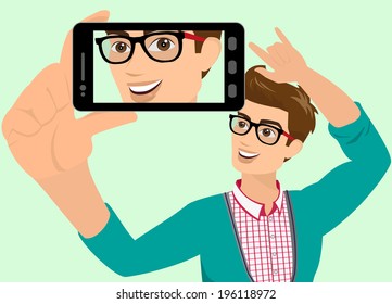 Vector cartoon illustration of guy taking selfi. Cheery handsome man taking a self photo. Young people using mobile phone for selfi publishing in social networks. Cartoon adult with selfie photograph
