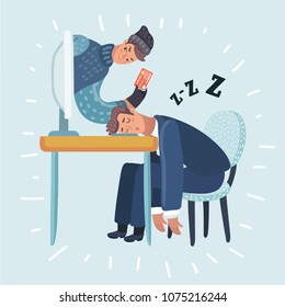 Vector cartoon illustration of Hacker breaks into computer while user sleep. Data theft.
