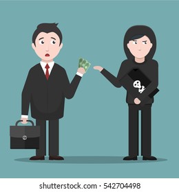 Vector cartoon illustration of hacker extorting money from a businessman. Concept of internet protection and hacking
