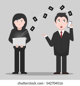 Vector cartoon illustration of hacker hacks businessman's phone and distributes virus. Concept of internet protection and coding