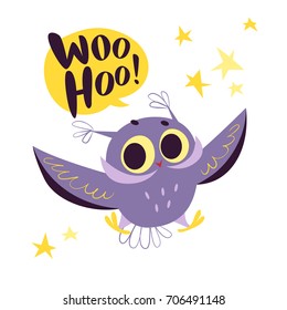 Vector cartoon illustration with Halloween flat flying owl character isolated on white background. Scary phrase. Good for celebration card, party invitation, sticker, flayer design.