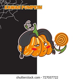 Vector cartoon illustration. Halloween greeting card with kawaii grumpy pumpkin with black hair and lollypop. Black and white background with spiderweb