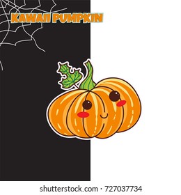 Vector cartoon illustration. Halloween greeting card with kawaii kind smiling pumpkin. Black and white background with spiderweb