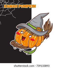 Vector cartoon illustration. Halloween greeting card with kawaii pumpkin costumed witch with hat and broom. Black and white background with spiderweb