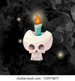 Vector cartoon illustration of Halloween human skull with flaming candle inside and flying lights on dark black texture background