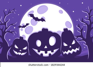 Vector cartoon illustration of Halloween Jack-o-Lantern pumpkins silhouette on the background of the full moon, stars and bats. Halloween holiday concept.