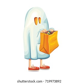 Vector cartoon illustration of Halloween kid in ghost costume with paper bag for candies. Isolated on white background