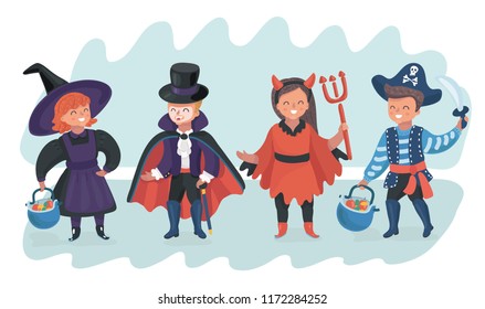 Vector cartoon illustration of Halloween Kids Costume Party. Four character.
