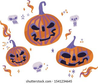 Vector cartoon illustration of Halloween pumpkins with fire and skulls.