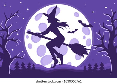 Vector cartoon illustration of Halloween witch silhouette flying on a broomstick on the background of the full moon, stars and bats. Halloween holiday concept.
