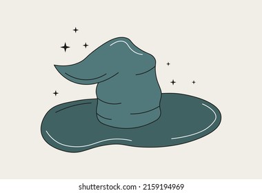 Vector cartoon illustration of Halloween witch hat. Green Witch hat  isolated on white background. Design element for Halloween.

