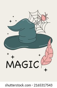Vector cartoon illustration of Halloween witch hat. Green Witch hat, spider and feather isolated on light background. Design element for Halloween poster, card or card tarot.	