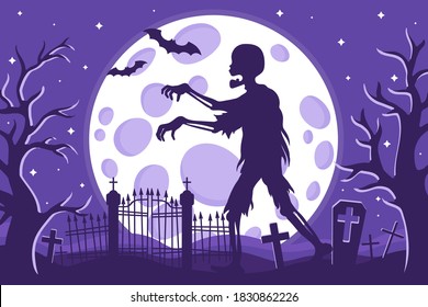Vector cartoon illustration of Halloween zombie silhouette in a cemetery on a background of the full moon, stars and bats. Halloween holiday concept.
