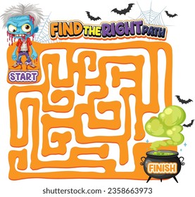 A vector cartoon illustration of a Halloween-themed zombie maze game