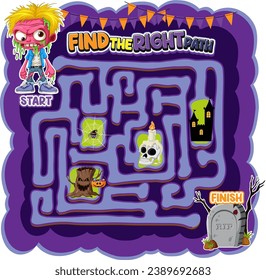 A vector cartoon illustration of a Halloween-themed zombie maze game