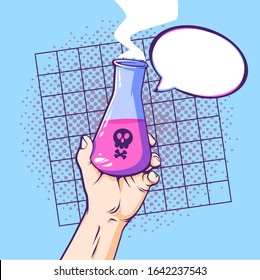 Vector cartoon illustration of hand with bottle, bottle with poison and place for text
