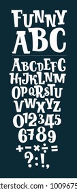 Vector cartoon illustration of hand drawn slab alphabet with numbers. Division sign, multiplication, plus, equals on black backround.