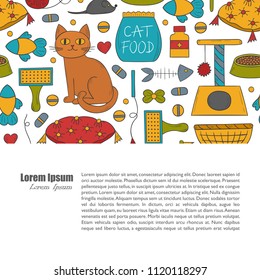 Vector cartoon illustration with hand drawn cat care things background: mouse, food, pet house, food bowl. Set of cat things icons for domestic animals design