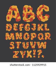Vector cartoon illustration of hand drawn fall alphabet made with yellow and red leaves, use for fall festival design. ABC on dark background.