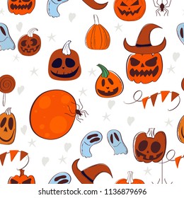Vector cartoon illustration with hand drawn Halloween background. Trick or treat pattern for Halloween background, invitation, card, voucher. Halloween vector cartoon objects.