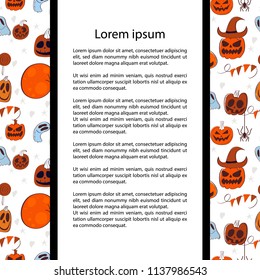 Vector cartoon illustration with hand drawn Halloween background. Trick or treat pattern for Halloween background, invitation, card, voucher. Halloween vector cartoon objects.