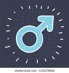 Vector cartoon illustration of hand drawn male symbol on dark background.