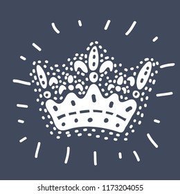 Vector cartoon illustration of hand drawn white crown on dark background.