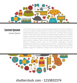 Vector cartoon illustration with hand drawn cat care things background: mouse, food, pet house, food bowl. Set of cat things icons for domestic animals design