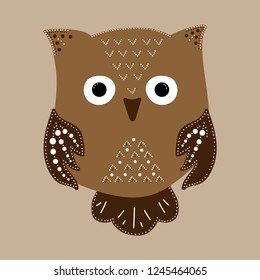 Vector cartoon illustration with hand drawn owl. Childish texture.