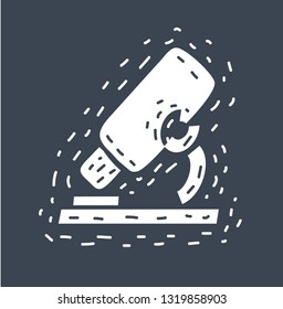 Vector cartoon illustration of hand drawn Microscope icon on dark.