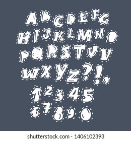 Vector cartoon illustration of Hand drawn alphabet font. English letters and numbers on a dark background. Latin funny hand drawn ABC on dark.