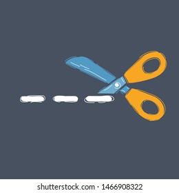 Vector cartoon illustration of hand drawn scissor on dark background. Cut line sketch.