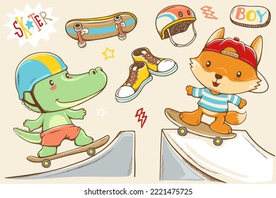 Vector cartoon illustration of hand drawn crocodile and fox skateboarding, skateboard elements cartoon