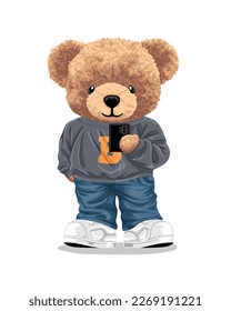 Vector cartoon illustration, hand drawn cute bear holding cellular phone in casual style