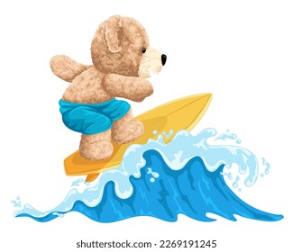 Ilustración de dibujos animados, lindo oso de peluche dibujado a mano en el surf