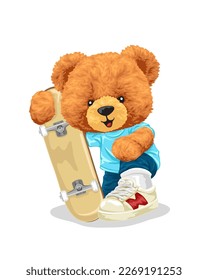 Ilustración de dibujos animados, oso de peluche dibujado a mano con patineta