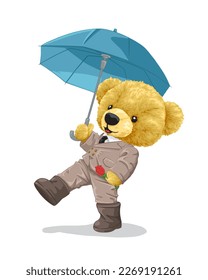 Vector cartoon illustration, hand drawn teddy bear in suit holding umbrella and roses