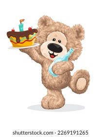 Ilustración de dibujos animados, oso de peluche lindo dibujado a mano con pastel y bebida de botella