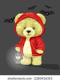 Vector cartoon illustration, hand drawn cute bear wearing hoodie holding lantern with bat