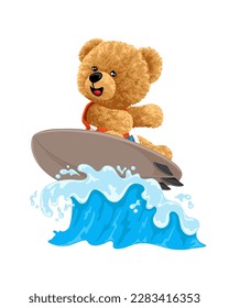 Vector cartoon illustration, hand drawn cute teddy bear in surfing