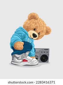 Vector cartoon illustration, hand drawn teddy bear with tape recorder